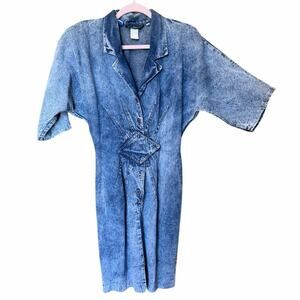 Vintage 80s Champagne denim bodycon dress size 7 button front shoulder pads USA